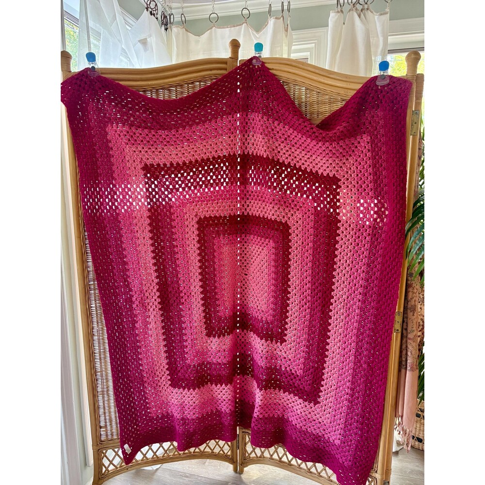 Vintage Pink Crochet Afghan Blanket 58x46 Retro Magenta Handmade Throw Geometric